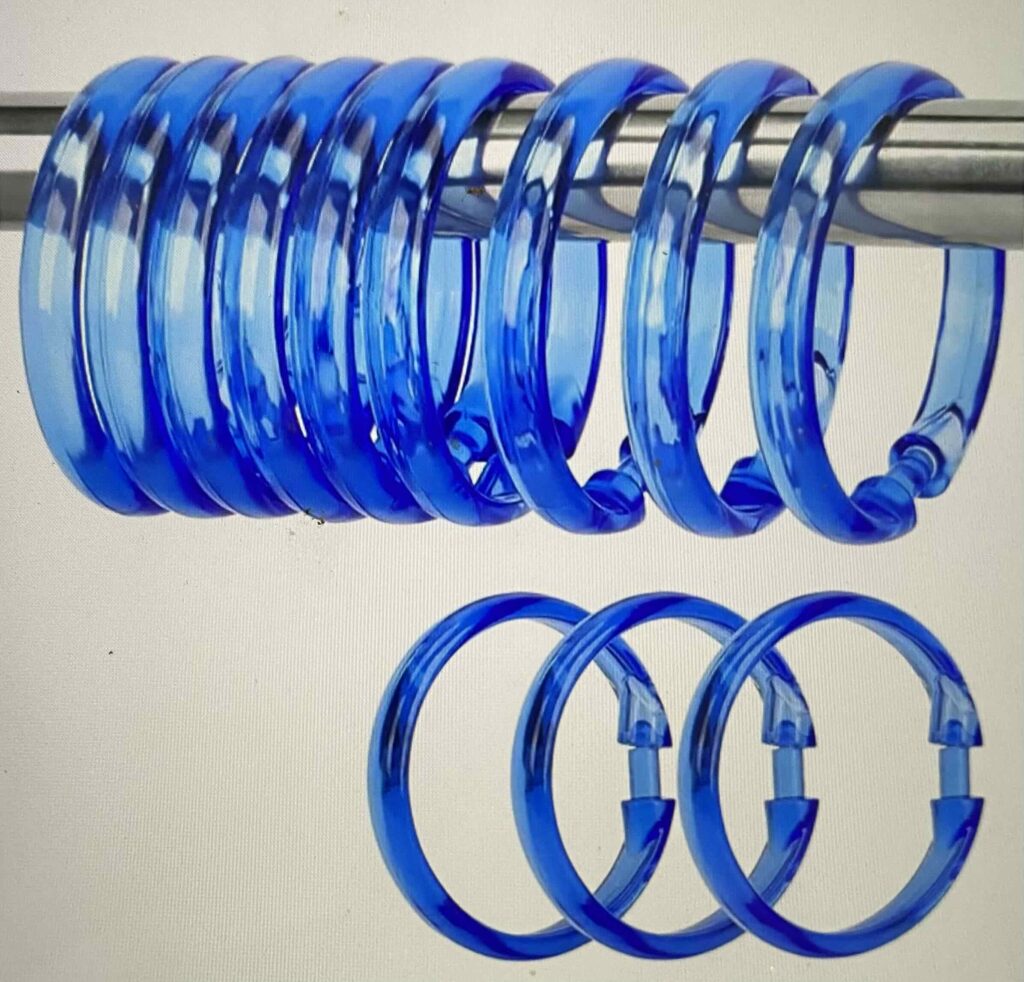 translucent, blue, plastic shower curtain ring
