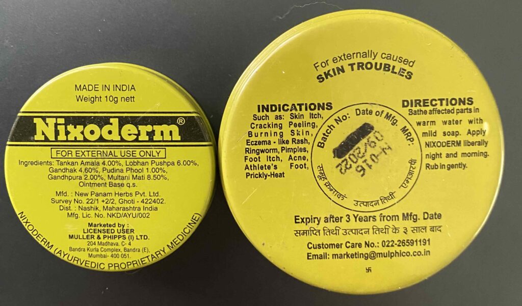 Nixoderm for skin itch, water sodden peeling skin, dry cracked skin, small sunburn patch, pimples, acne, ringworm, foot itch, and athlete's foot.