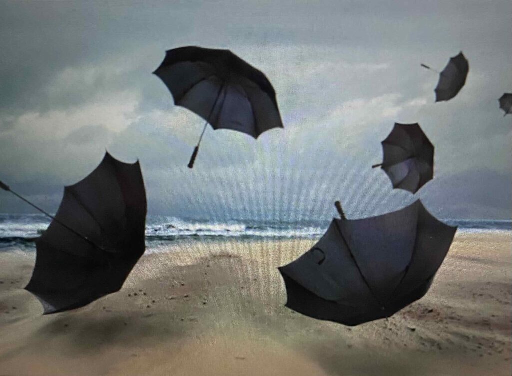 Umbrellas fly in the wind.