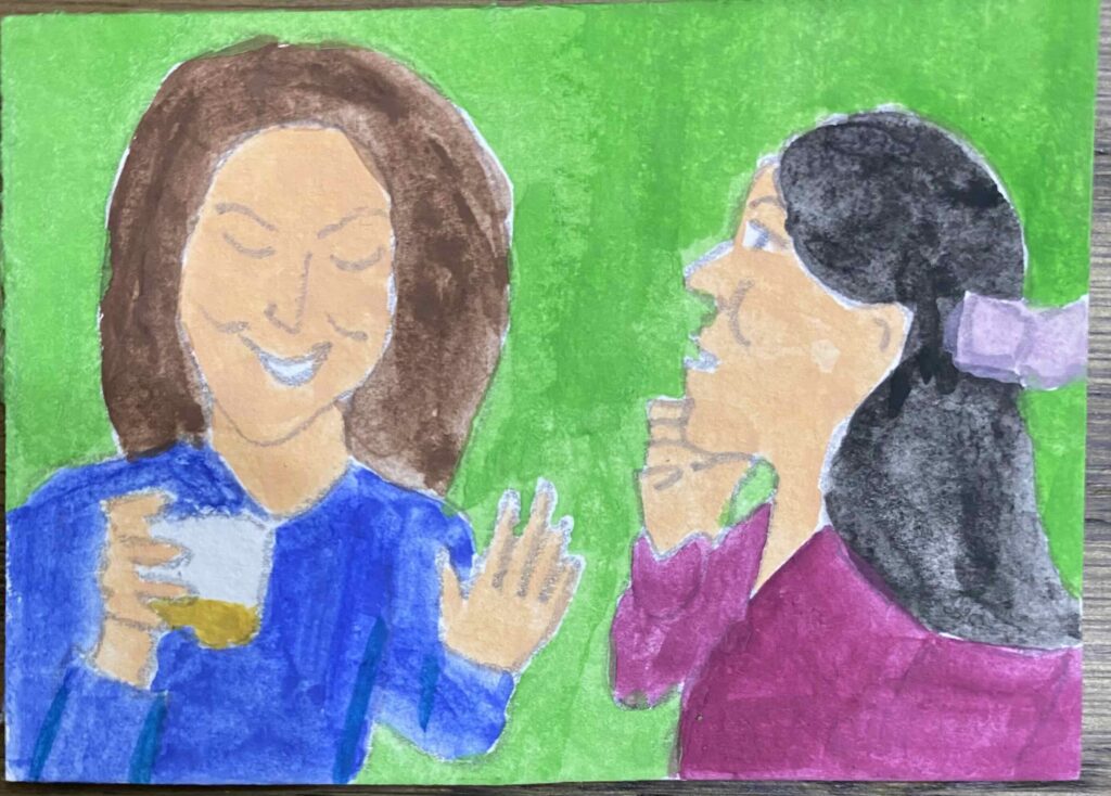 2 women drink and talk. #100tinytreasures