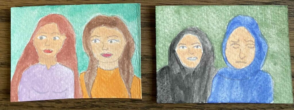 Women without hijab, and women wearing hijab.