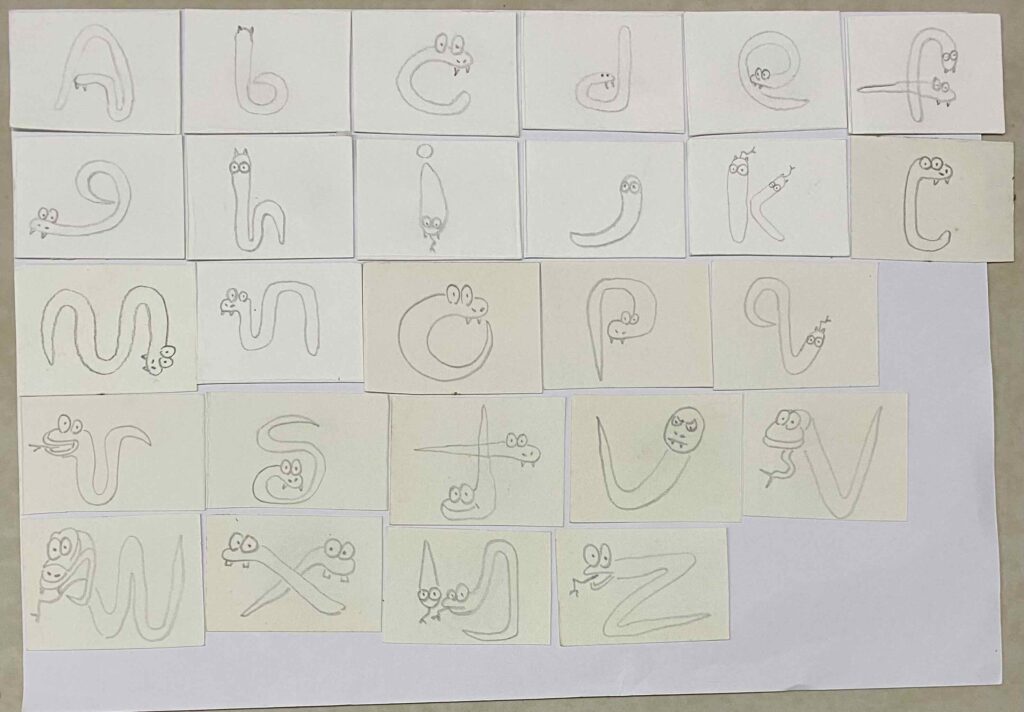 A to Z snake alphabet, before coloring.